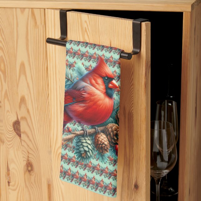 Cardinal on Pine Branch with Winter Berries Tea Towel (Thirds Fold)