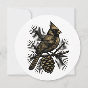 Cardinal On Pine Tree With Pinecone Christmas Holiday Card