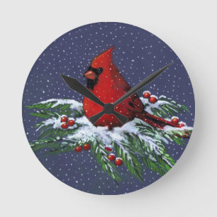 Cardinal on Snowy Pine Branch: Christmas: Artwork Round Clock