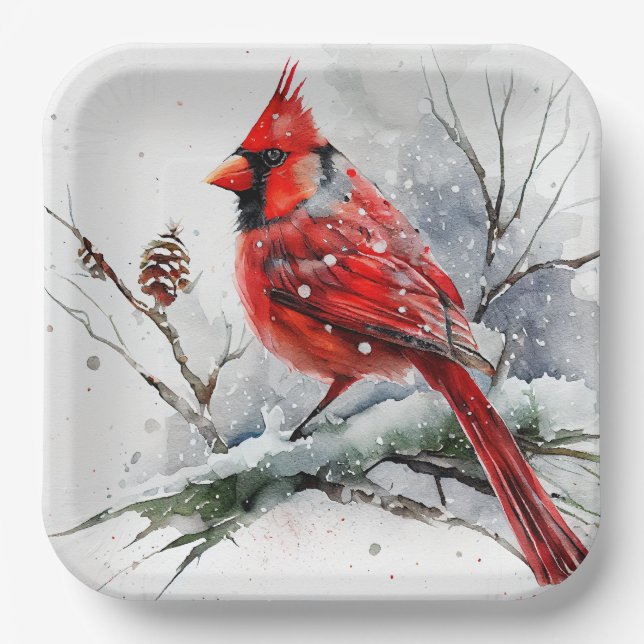 Cardinal on Tree Branch in Christmas Winter Scene Paper Plate (Front)