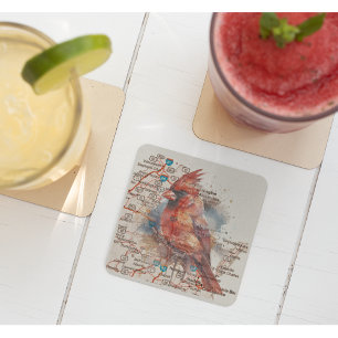Cardinal on Virginia Road Map Glass Coaster