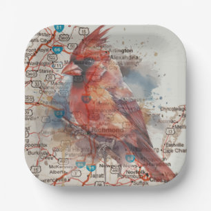 Cardinal on Virginia Road Map Paper Plate