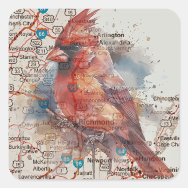 Cardinal on Virginia Road Map Square Sticker (Front)