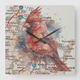 Cardinal on Virginia Road Map Square Wall Clock