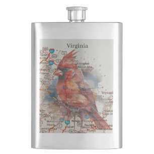 Cardinal on Virginia Road Map Watercolor Art Hip Flask