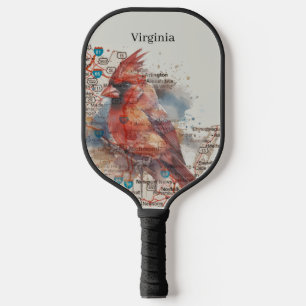 Cardinal on Virginia Road Map Watercolor Art Pickleball Paddle