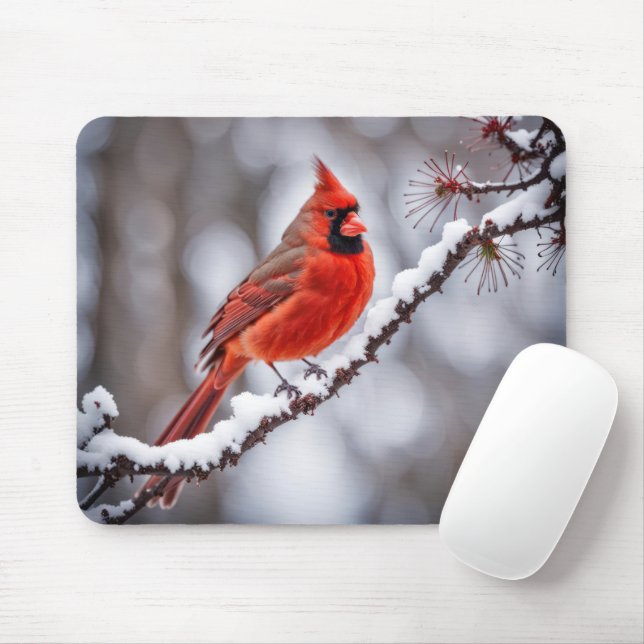 Cardinal On Winter Branch Mouse Mat (With Mouse)
