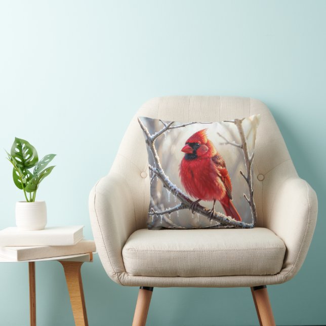 Cardinal Perched on Winter Branch with Icicles Cushion (Chair)
