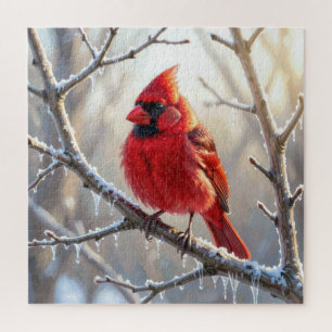Cardinal Perched on Winter Branch with Icicles Jigsaw Puzzle