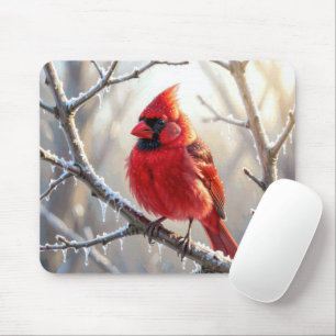 Cardinal Perched on Winter Branch with Icicles Mouse Mat