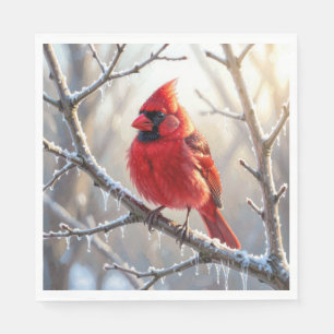 Cardinal Perched on Winter Branch with Icicles Napkin