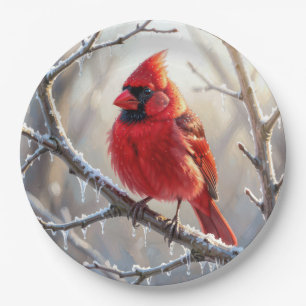 Cardinal Perched on Winter Branch with Icicles Paper Plate