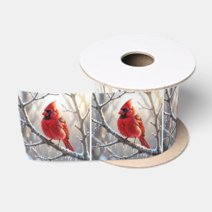 Cardinal Perched on Winter Branch with Icicles Satin Ribbon