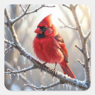 Cardinal Perched on Winter Branch with Icicles Square Sticker