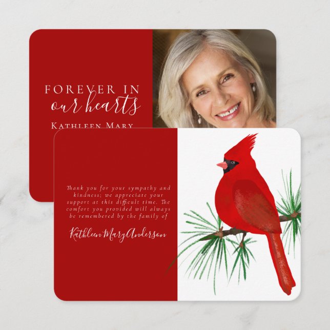 Cardinal Photo Memorial Funeral Thank You Card (Front/Back)
