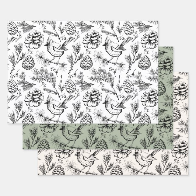 Cardinal, Pinecones, Pine Needles & Winter Berries Wrapping Paper Sheet (Set)