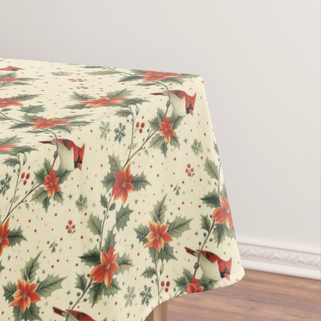 Cardinal Poinsettia Holiday Christmas Tablecloth (In Situ)