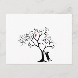 Cardinal Red Bird in Snowy Winter Tree & Cat Postcard