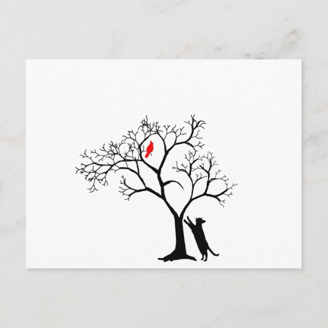 Cardinal Red Bird in Snowy Winter Tree & Cat Postcard (Front)