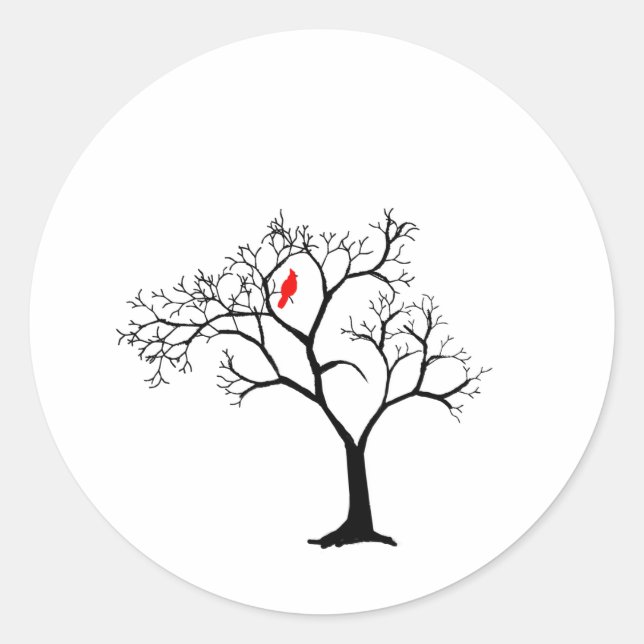 Cardinal Red Bird in Snowy Winter Tree Classic Round Sticker (Front)