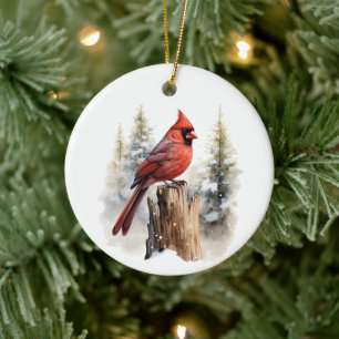 Cardinal Red Bird Watercolor Customised Christmas Ceramic Tree Decoration