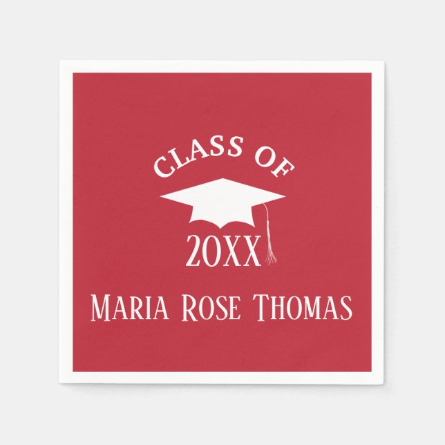 Cardinal Red Grad Cap & Leaves Paper Napkins (Front)