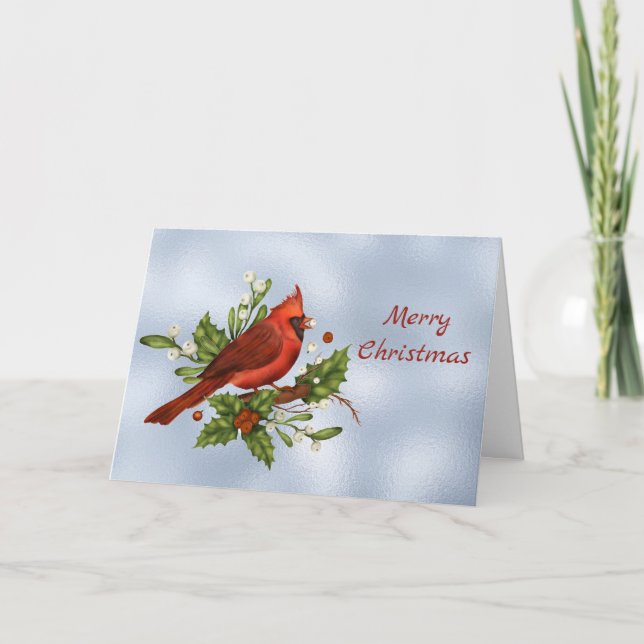 Cardinal Red Holly Greenery Watercolor Christmas Holiday Card (Front)