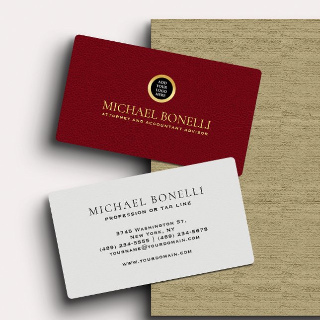 Cardinal Red Leather Corporate Round Gold Logo Business Card (Creator Uploaded)