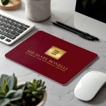 Cardinal Red Leather Luxury Gold Logo NAME Mouse Mat<br><div class="desc">Enhance your workspace with this premium cardinal red leather print mouse pad, designed to combine style and functionality. Featuring a luxurious gold logo and the option to add two lines of custom text, this mouse pad is perfect for personalising with your name, business, firm, or any other details of your...</div>