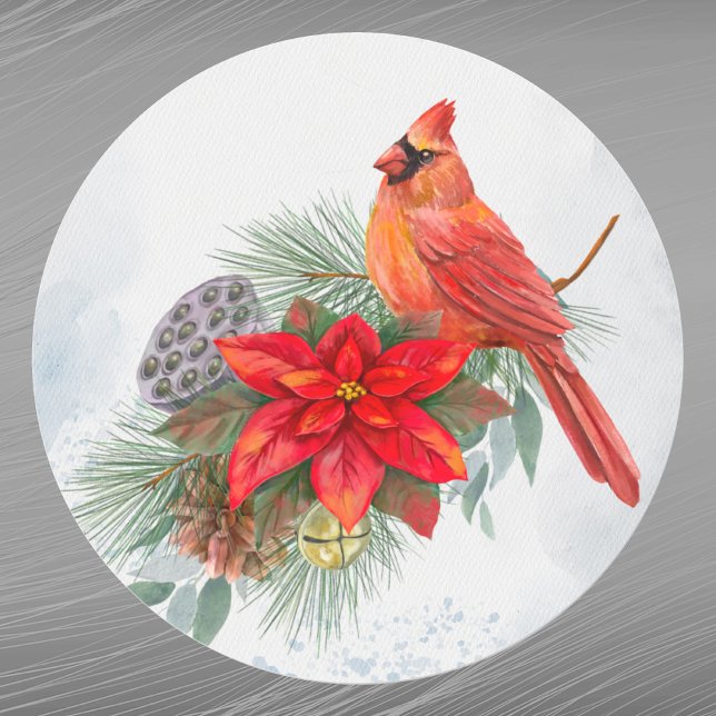 Cardinal Red Poinsettia Greenery Christmas Classic Round Sticker (Creator Uploaded)