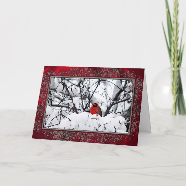 Cardinal Redbird Snow Photo Frame Christmas Holiday Card (Front)