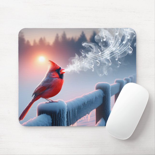 Cardinal Singing On a Winter Fence Mouse Mat (With Mouse)