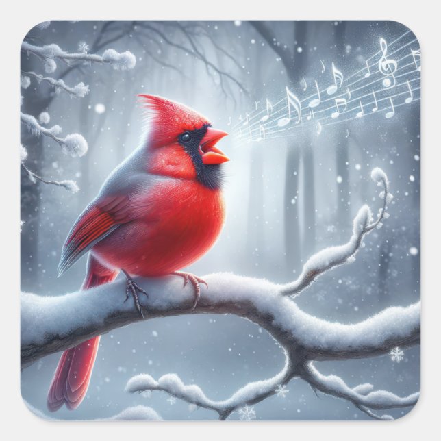 Cardinal Singing With Musical Notes Square Sticker (Front)