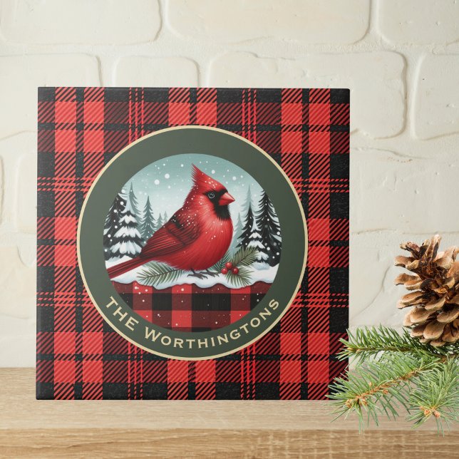 Cardinal Snow n Buffalo Plaid Family Name Monogram Tile (Creator Uploaded)