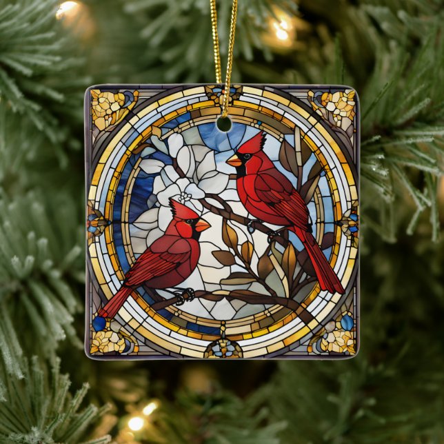 Cardinal Stained Glass Red Birds Memorial Round  Ceramic Ornament (Tree)