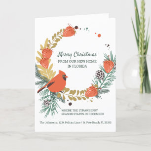 Cardinal Strawberry Christmas Wreath New Address Holiday Card