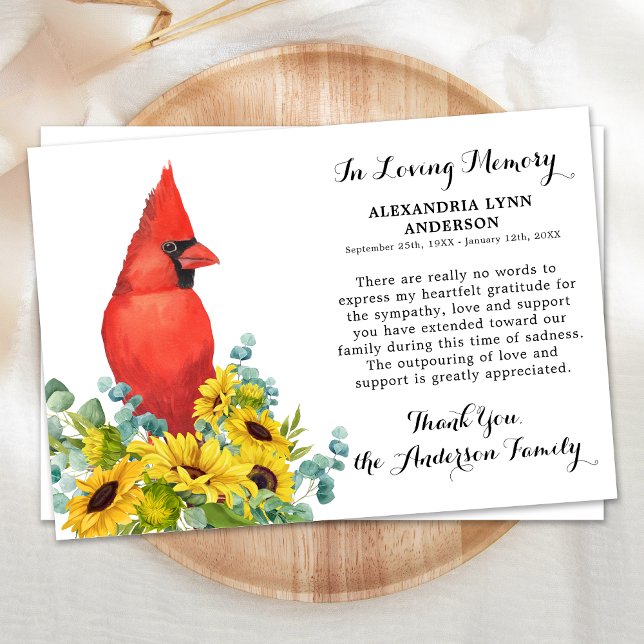 Cardinal Sunflowers Sympathy Memorial Funeral  Thank You Card (Creator Uploaded)