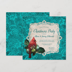 Cardinal & Teal Blue Floral Christmas Party Invitation
