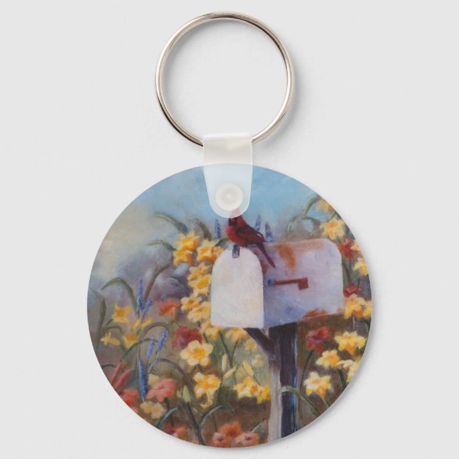 Cardinal Waiting For the Mail Key Ring (Front)