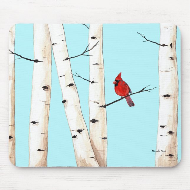 Cardinal with Birch Trees Mouse Mat (Front)