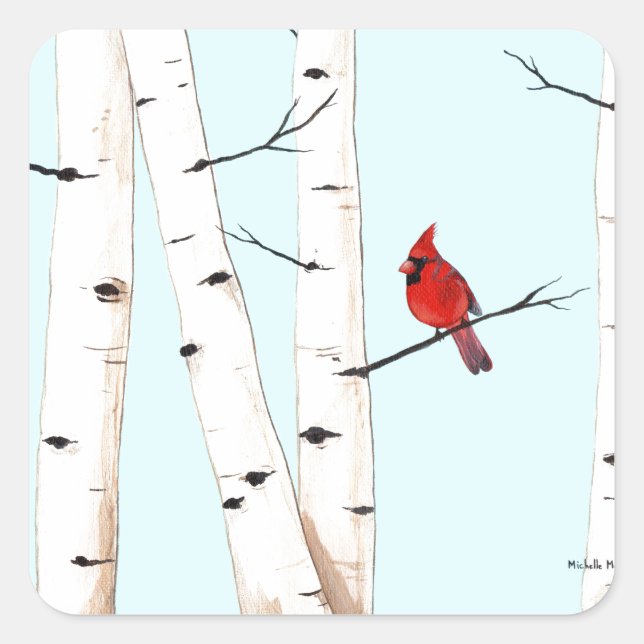Cardinal with Birch Trees Square Sticker (Front)