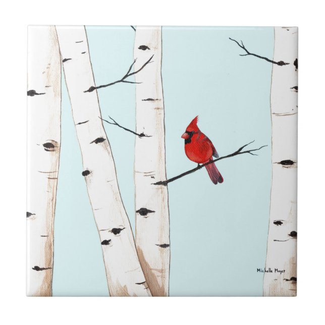 Cardinal with Birch Trees Tile (Front)