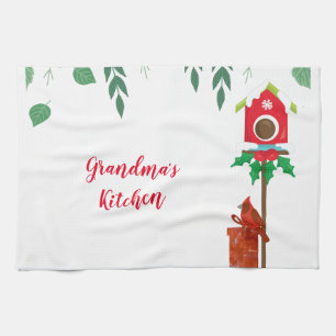 Cardinal with Holiday Birdhouse Personalised Tea Towel