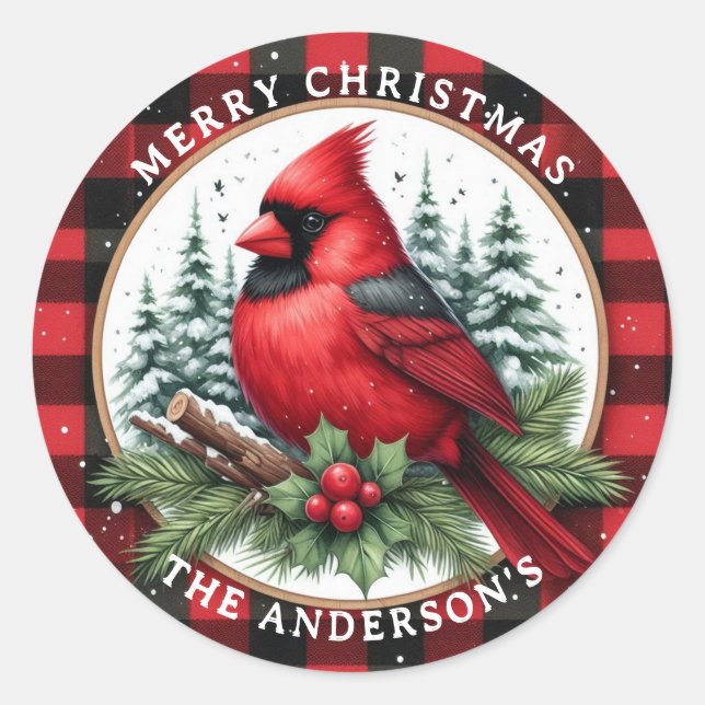 Cardinal with Holly & Buffalo Plaid Background Classic Round Sticker (Front)