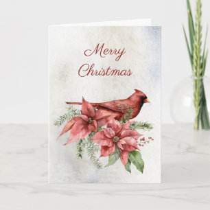 Cardinal with Poinsettias Holiday Card