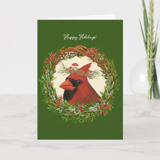 Cardinal with toadstool holiday card (Front)