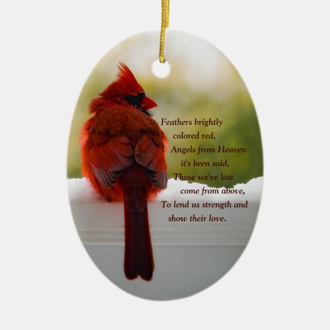 Cardinal with Visitor From Heaven poem Ceramic Tree Decoration (Front)