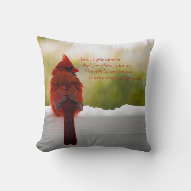 Cardinal with Visitor From Heaven poem Cushion (Front)