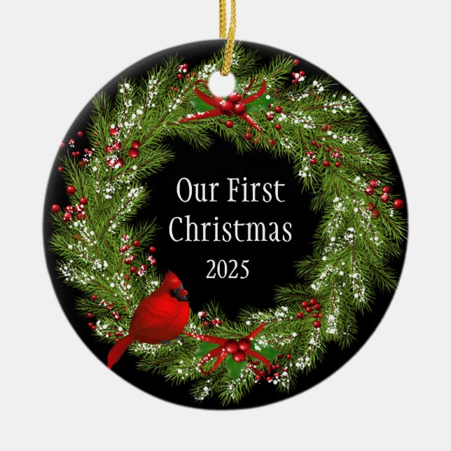 Cardinal Wreath    Ceramic Tree Decoration (Front)