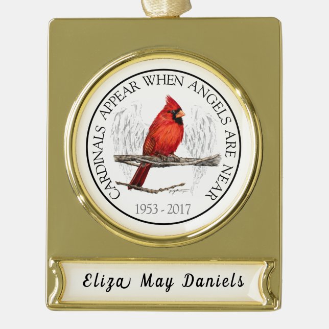 Cardinals And Angels Custom Name Memorial Gold Plated Banner Ornament (Front)